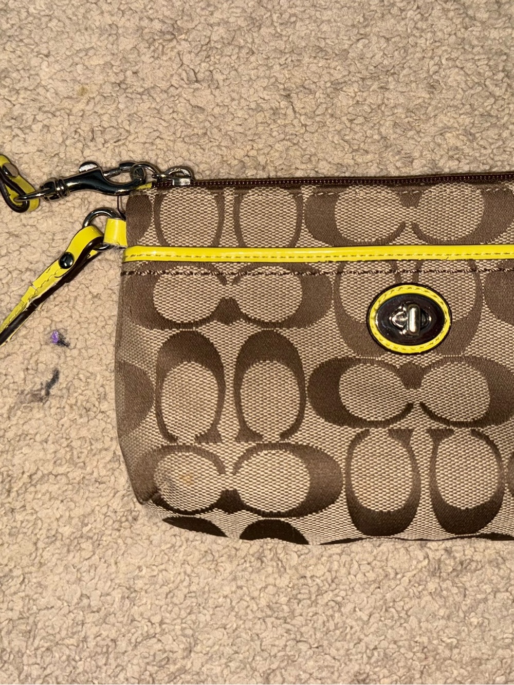 Coach Brown Signature Canvas Wristlet with Yellow Accent - Picture 1 of 4
